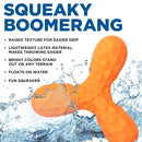 Orange squeaky boomerang with water splashes on a white background, featuring text about its features.