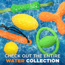 Colorful dog toys on a blue water background with text to check out the entire water collection.
