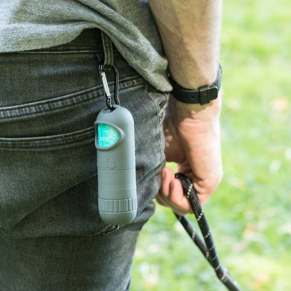 Person holding a gray electronic device with a green light, attached to a leash, outdoors.