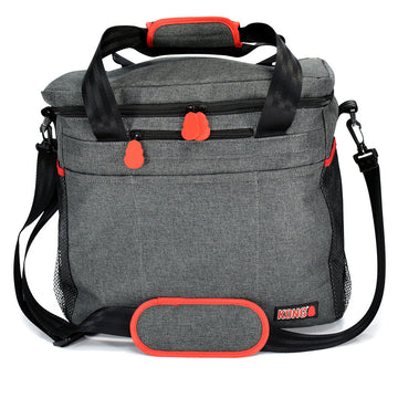 Gray cooler bag with red accents and a visible brand logo on a white background