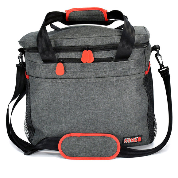 Gray cooler bag with red accents and a visible brand logo on a white background