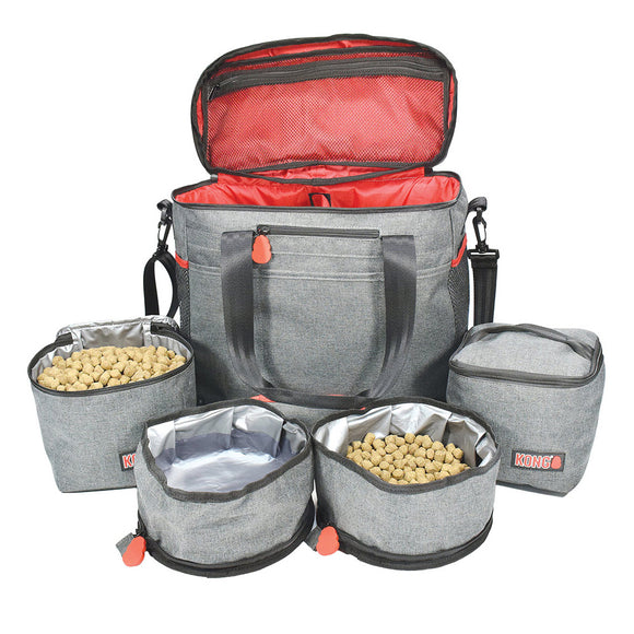 Gray pet travel bag with open lid and multiple compartments containing pet food.
