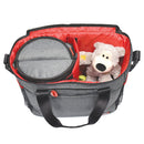 Gray and red bag with a teddy bear and ball inside on a white background