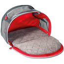 Gray pet carrier with red interior on a white background