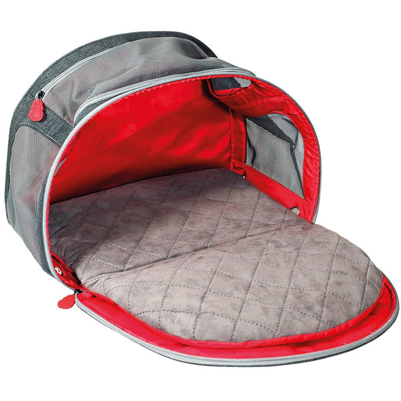 Gray pet carrier with red interior on a white background