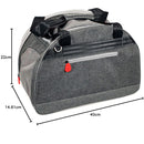 Gray pet carrier with black straps and red tag, shown with dimensions on a white background