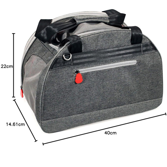 Gray pet carrier with black straps and red tag, shown with dimensions on a white background