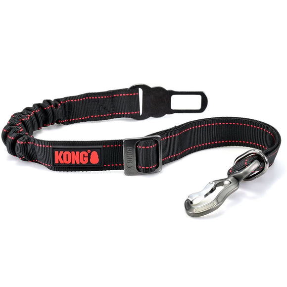 Black dog leash with red accents and a carabiner on a white background