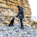 Person with a dog on a rocky beach near stone cliffs