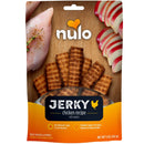 Nulo jerky chicken recipe with apples for dogs packaging on a wooden board.