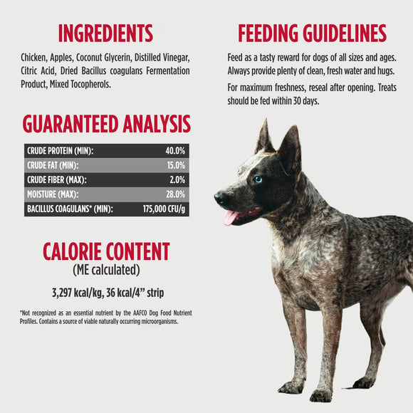 Dog treat label with ingredients, feeding guidelines, guaranteed analysis, and calorie content on a white background.
