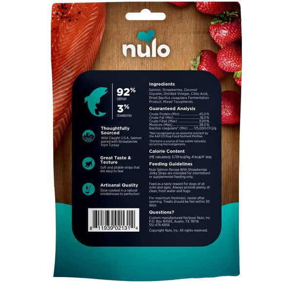 Nulo pet food package with ingredients list and branding on a wooden background