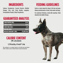 Dog food product label with ingredients, feeding guidelines, guaranteed analysis, and calorie content on a white background.