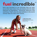 Woman in athletic gear with a dog on a track, promoting Nulo pet food.