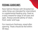 Feeding guidelines for Nulo Salmon Recipe with Strawberries Jerky Strips on a white background.