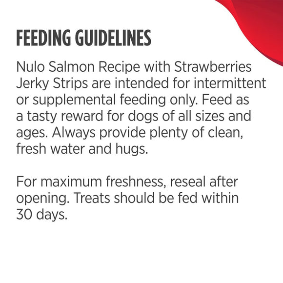 Feeding guidelines for Nulo Salmon Recipe with Strawberries Jerky Strips on a white background.
