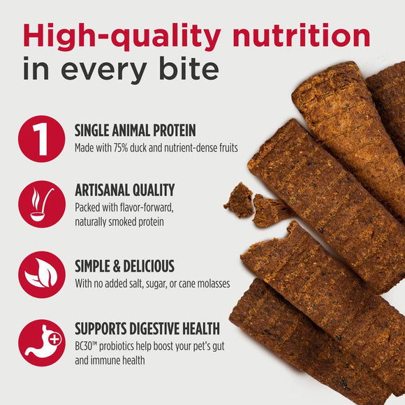 Dog food product with text highlighting high-quality nutrition, single animal protein, artisanal quality, simple & delicious, and digestive health benefits.