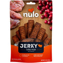 Nulo jerky treat package for dogs with turkey and cranberries on a wooden board.