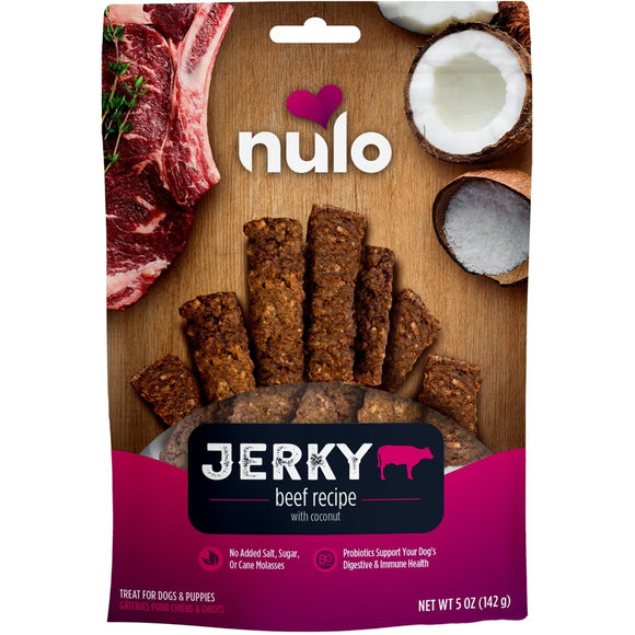 Nulo beef recipe jerky package on a wooden board with coconut and raw meat.