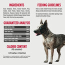 Dog treat label with ingredients, feeding guidelines, guaranteed analysis, and calorie content on a white background.