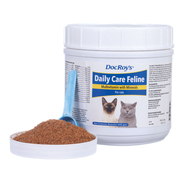 White Container,  Doc Roy's Daily Care Feline, 650 gm granules