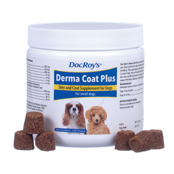 White container, Doc Roy's Derma Coat Plus Soft Chews for Dogs, 120 ct small