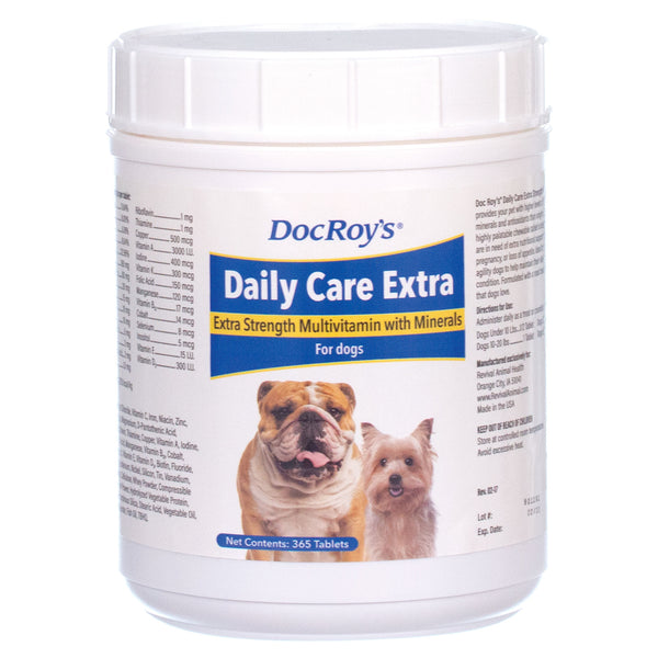 White container, Doc Roy's Daily Care Extra Canine, 365 ct