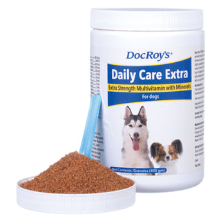 White container, Doc Roy's Daily Care Extra Canine, 400 gm