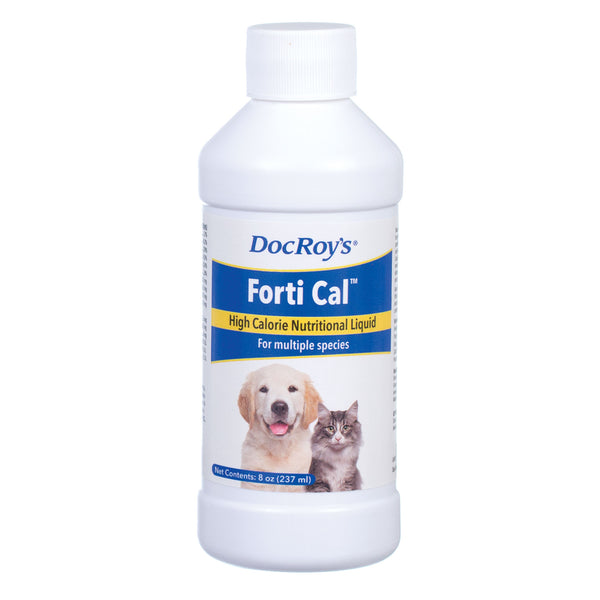 Bottle with label, Doc Roy's Forti Cal For Dogs & Cats, Vanilla, 8 oz