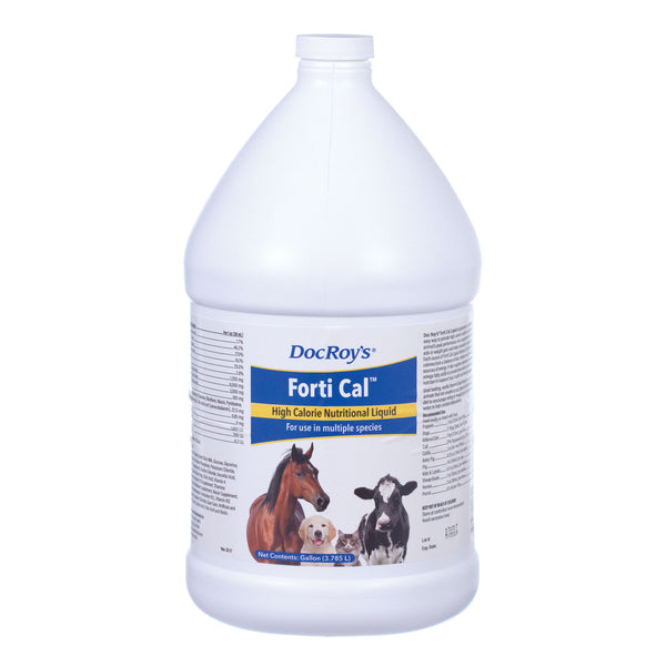 White Gallon with label, Doc Roy's Forti Cal For Dogs & Cats, Vanilla, Gallon