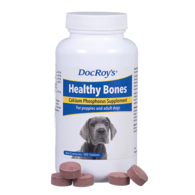 White bottle with label, Doc Roys Healthy Bones - Bone Health Vitamins for Dogs & Cats, 100 ct