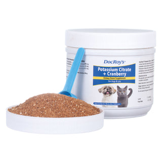 White container with label, Doc Roy's Potassium Citrate + Cranberry for Dogs & Cats, 300 gm
