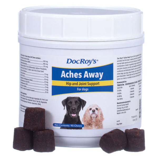 White box with label Doc Roy's Aches Away for Dogs, 90 ct Regular Chew