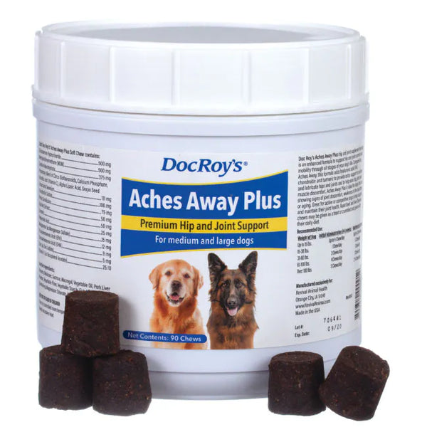 White Container with label Doc Roy's Aches Away Plus for Dogs, 90 ct Regular Chew