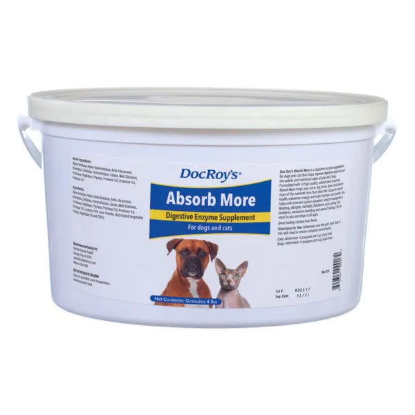 Container with label Doc Roy's Absorb More for Dog & Cat, 4 lbs