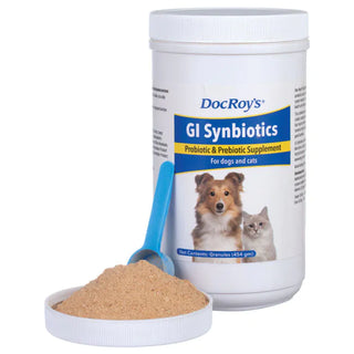 White container with label, Doc Roy's GI Synbiotics, 454 gm Granules
