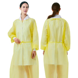 Person wearing a yellow disposable gown, shown from front and back, on a white background.