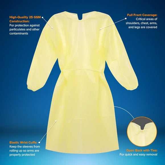 Yellow protective gown with features highlighted on a blue background