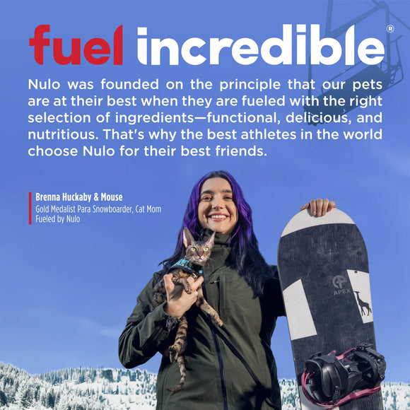Person holding a cat and a snowboard with Nulo pet food branding and promotional text.