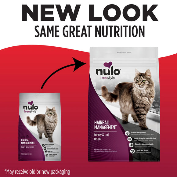 Nulo Freestyle cat food packaging with a cat on a red background, featuring text 'New Look Same Great Nutrition'.