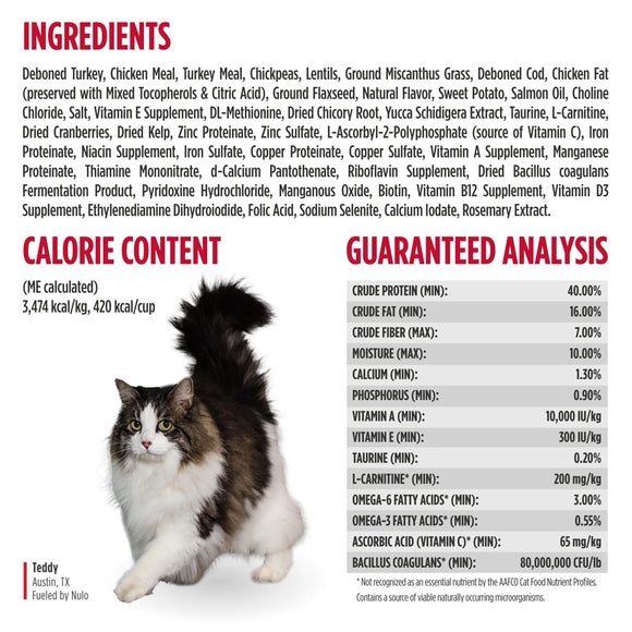 Cat with a detailed pet food label showing ingredients, calorie content, and guaranteed analysis.