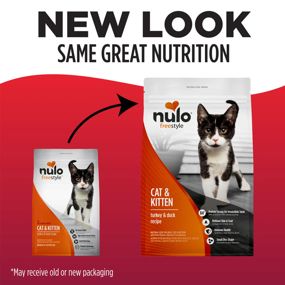 Nulo Freestyle cat food packaging with a black and white cat illustration on a red background