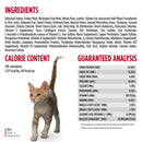 Cat food label with ingredients, calorie content, and guaranteed analysis on a white background.