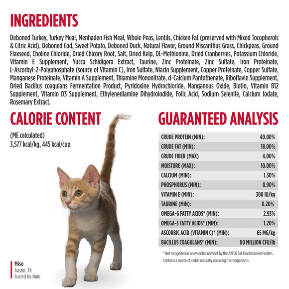 Cat food label with ingredients, calorie content, and guaranteed analysis on a white background.