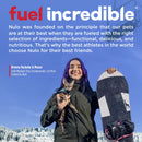 Person holding a cat and a snowboard with promotional text about Nulo pet food.