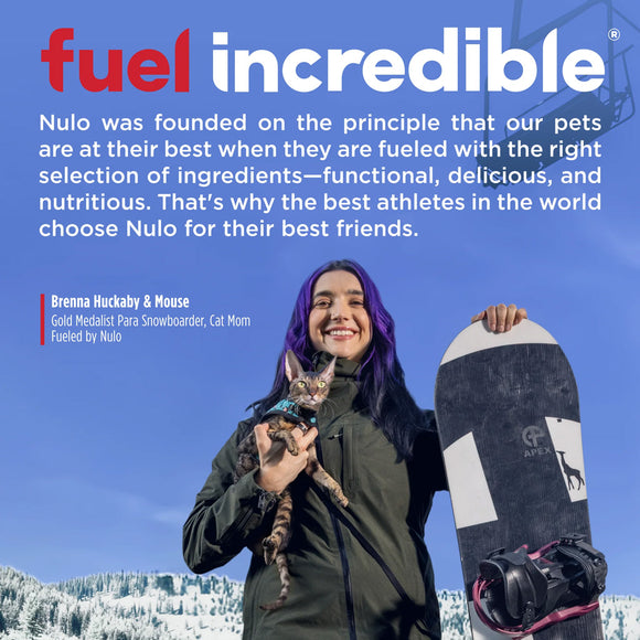 Person holding a cat and a snowboard with promotional text about Nulo pet food.