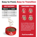 Nulo pet food packaging with feeding instructions and a bowl of cat food.