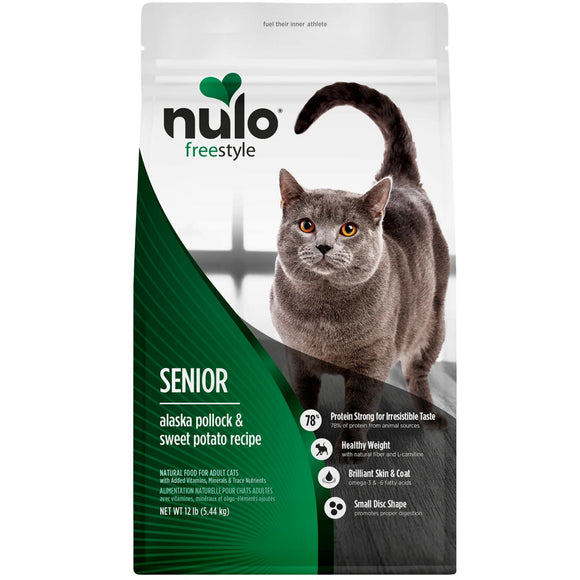Nulo Freestyle Senior cat food package with a gray cat on a white background