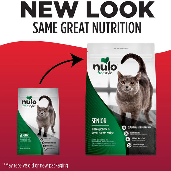 Nulo Freestyle Senior cat food packaging with a gray cat illustration on a red background