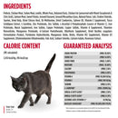 Cat food label with ingredients, calorie content, and guaranteed analysis on a white background.